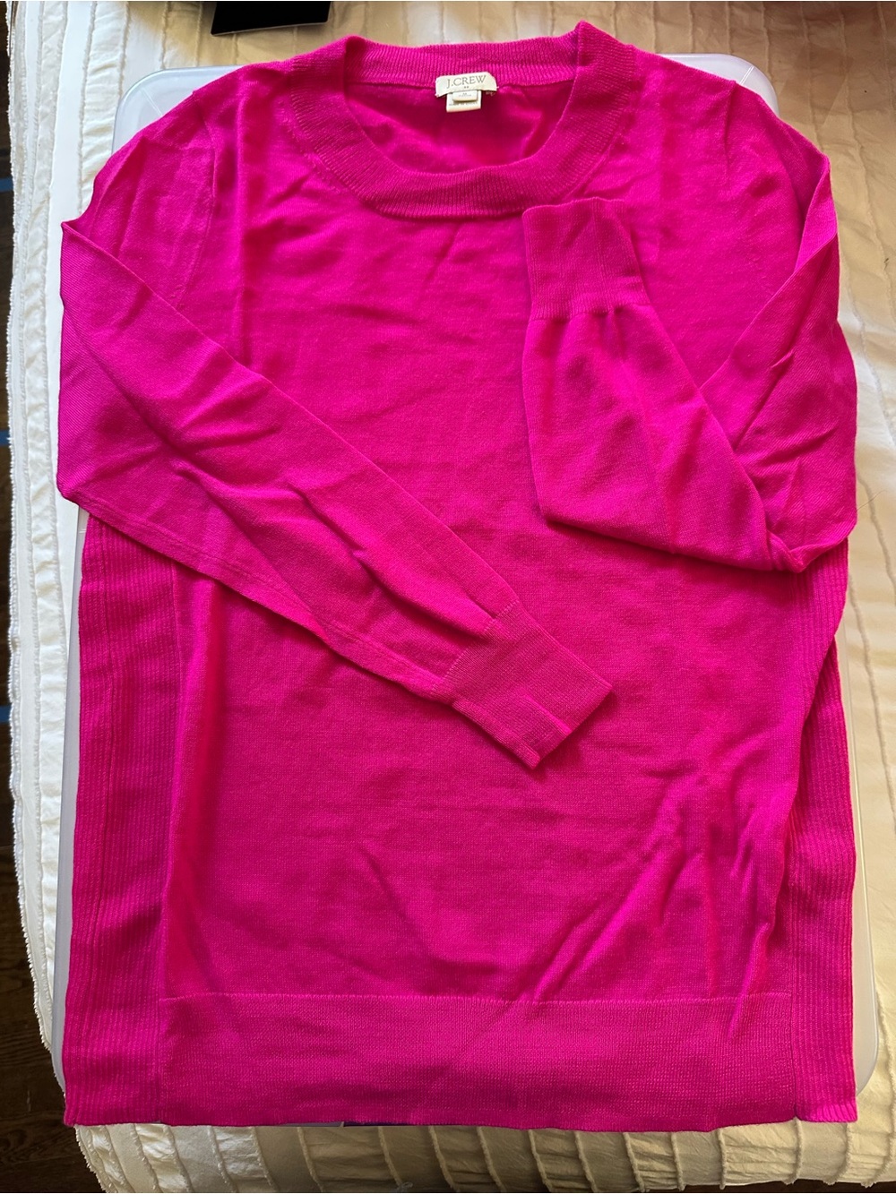 J. Crew Hot Pink Fuchsia Crewneck Teddie Sweater Merino Wool Size Medium